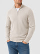 Men's beige crew neck sweater with half-zip and ribbed cuffs