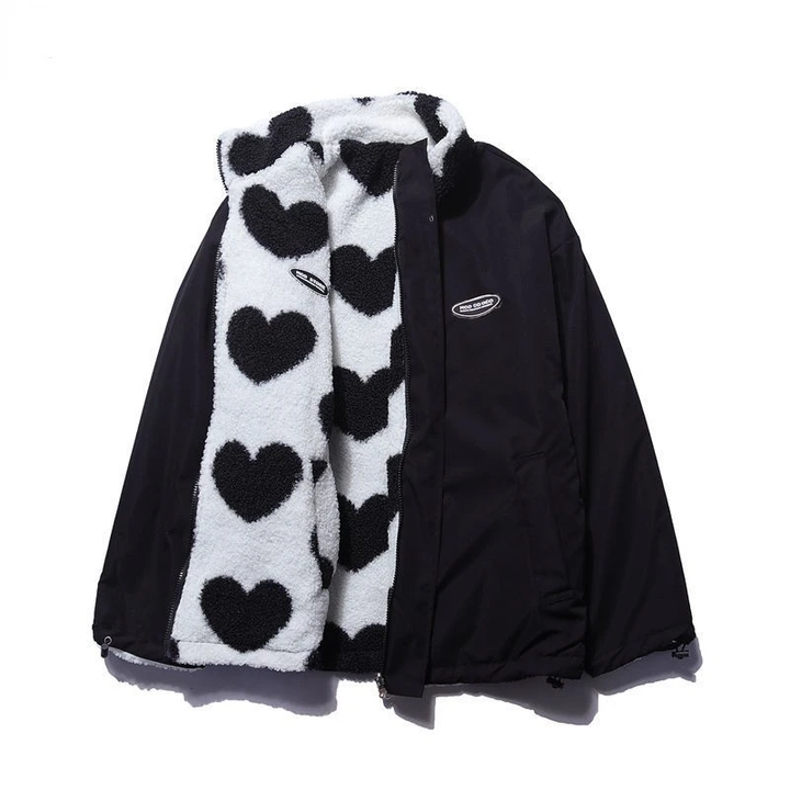 Reversible hooded coat with heart-print fleece-look lining