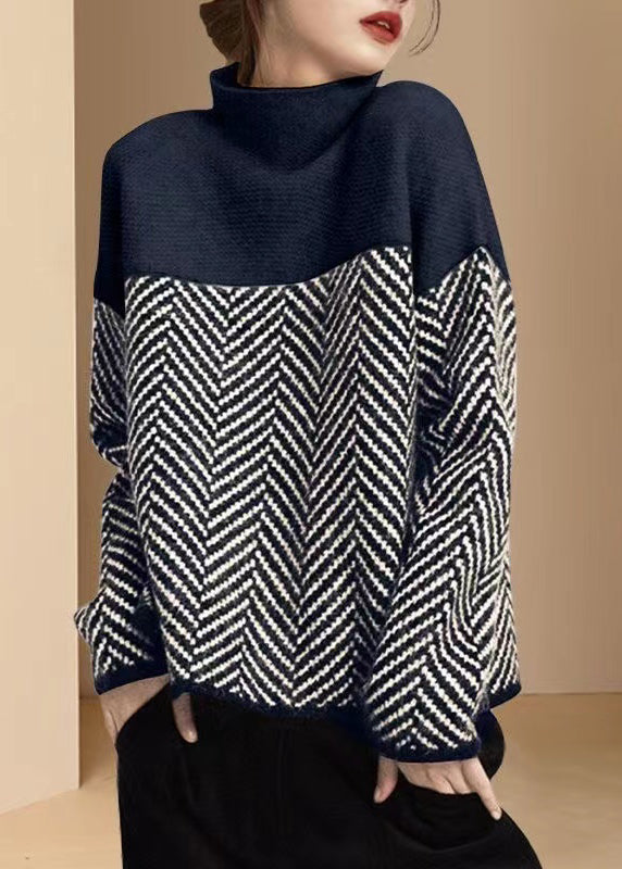 Women's geometric patchwork knit jumper with turtleneck and long sleeves