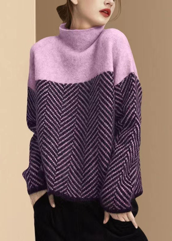 Women's geometric patchwork knit jumper with turtleneck and long sleeves