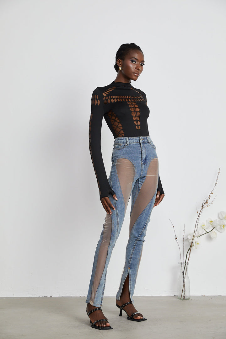 Women's blue high-rise jeans with sheer leg panels