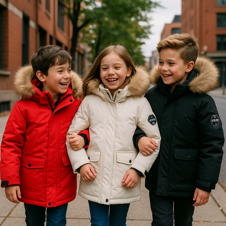 Boys' longline parka with fur-trimmed hood, zip fastening and flap pockets