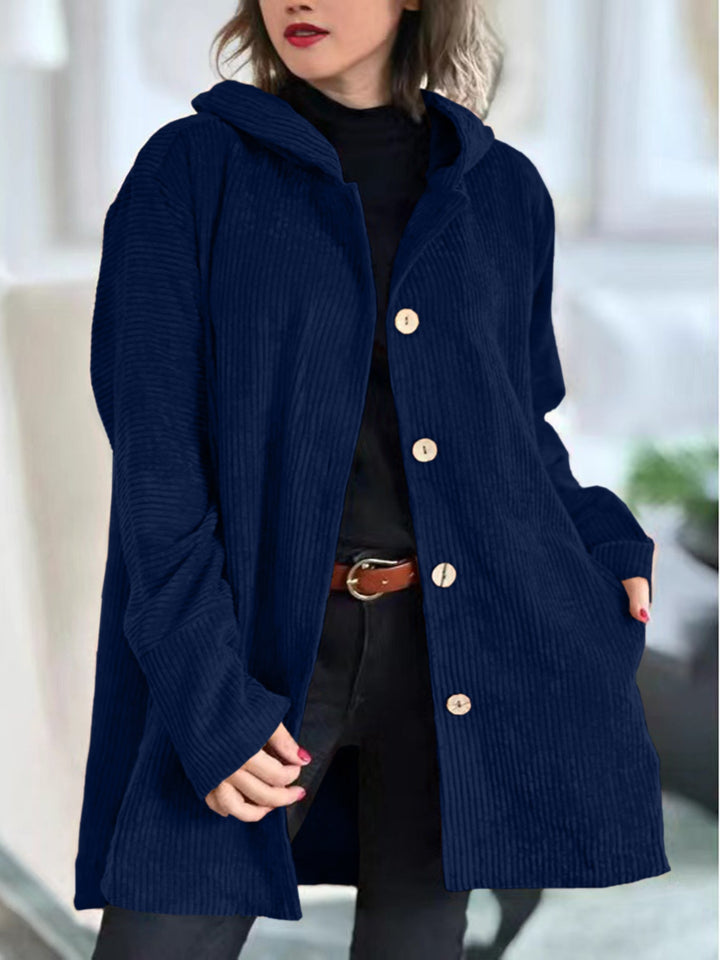 Women's ribbed hooded jacket with button front