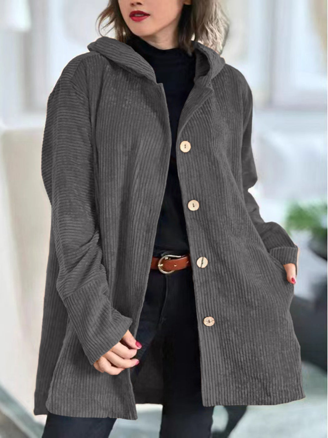 Women's ribbed hooded jacket with button front