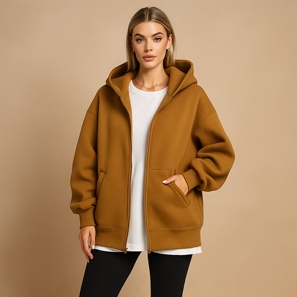 Women's oversized zip-up hooded sweatshirt with long sleeves and front pockets