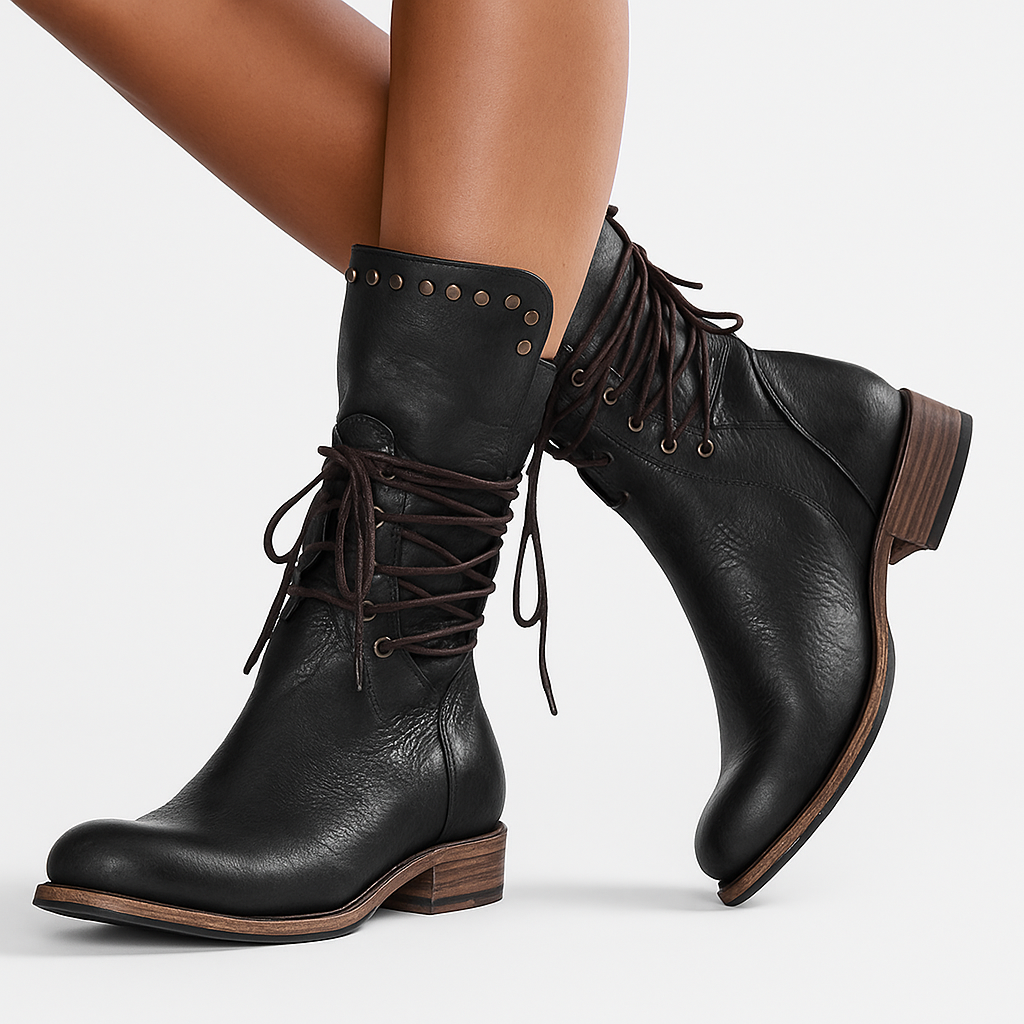 Women's lace-up mid-calf boots with stud trim, round toes and low block heels