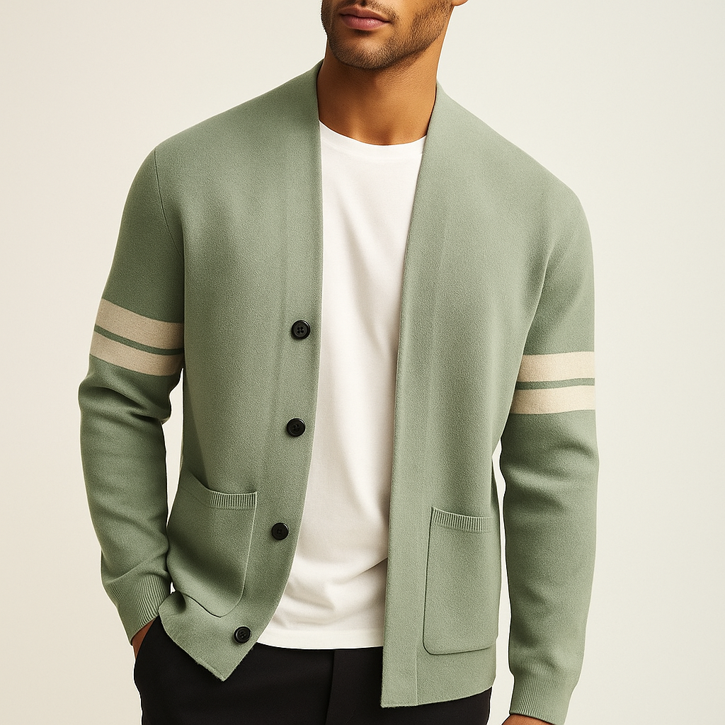 Men's button cardigan with contrasting striped sleeves and front pockets