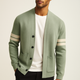 Men's button cardigan with contrasting striped sleeves and front pockets