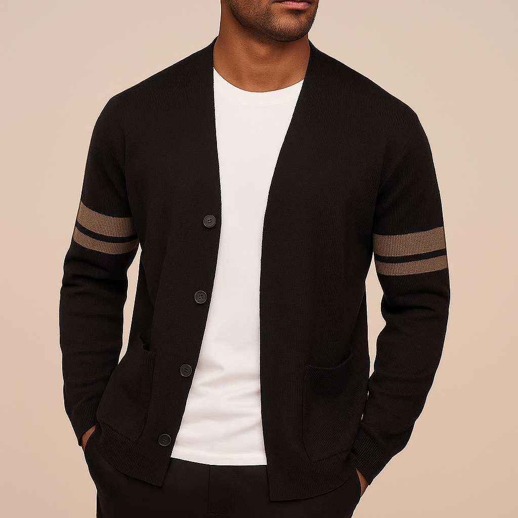 Men's button cardigan with contrasting striped sleeves and front pockets