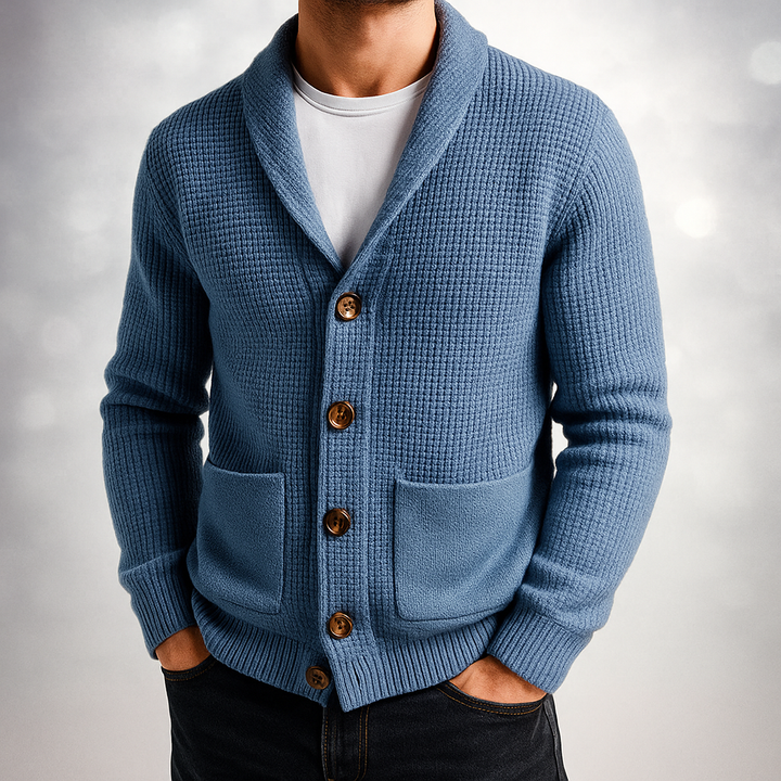 Men's textured knit cardigan with shawl collar, buttons and patch pockets