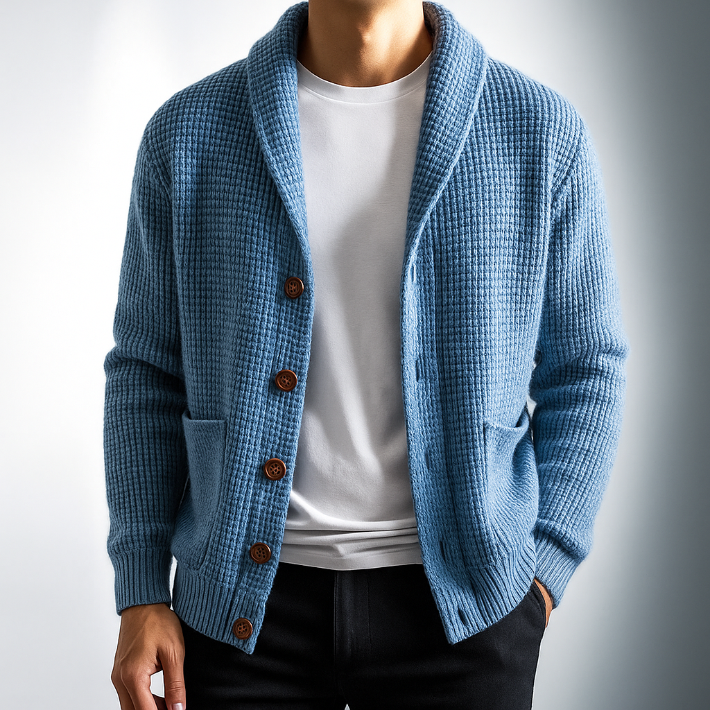 Men's textured knit cardigan with shawl collar, buttons and patch pockets