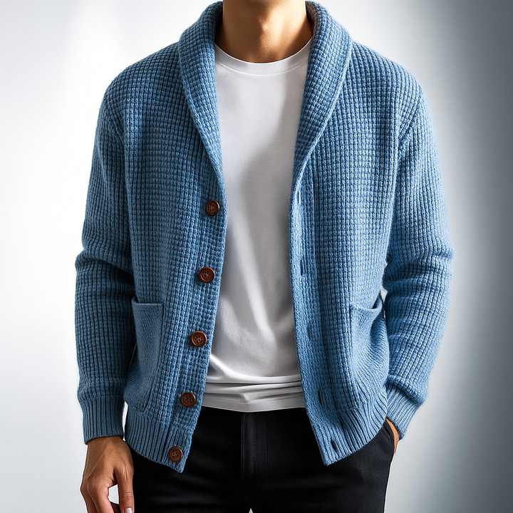 Men's textured knit cardigan with shawl collar, buttons and patch pockets