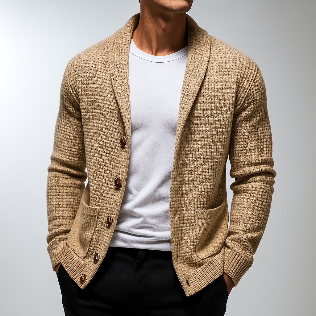 Men's textured knit cardigan with shawl collar, buttons and patch pockets
