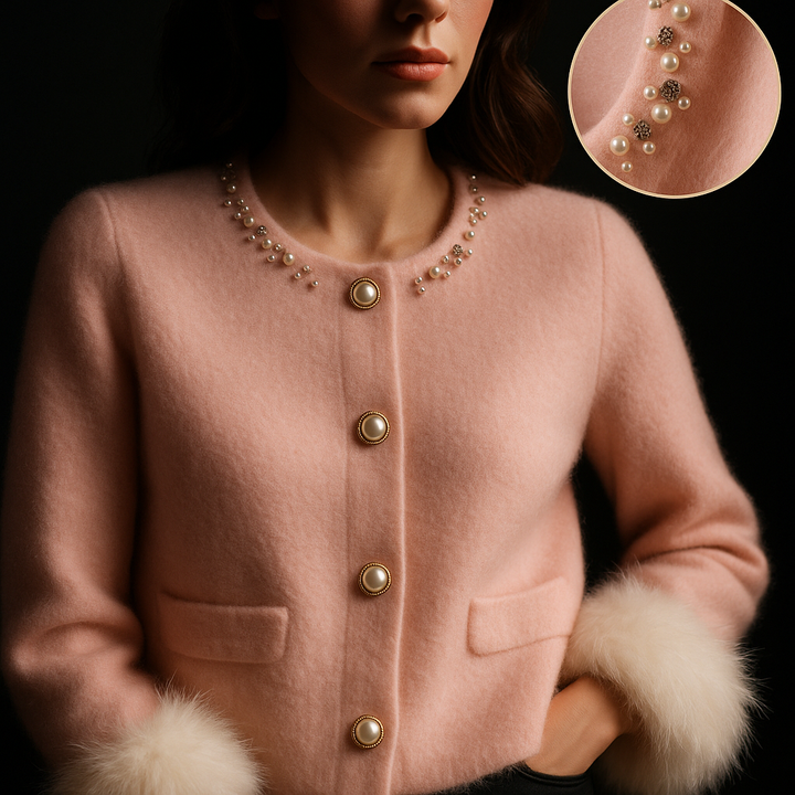 Women's button front cardigan with embellished round neckline, patch pockets and fluffy cuff trims