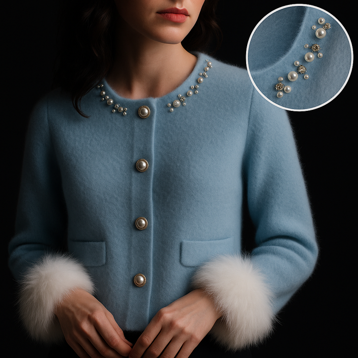Women's button front cardigan with embellished round neckline, patch pockets and fluffy cuff trims