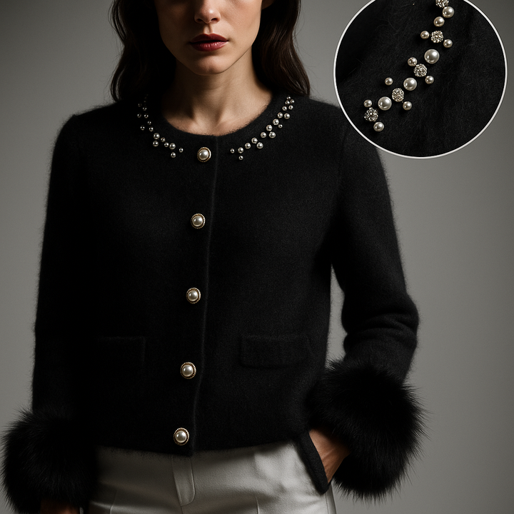 Women's button front cardigan with embellished round neckline, patch pockets and fluffy cuff trims
