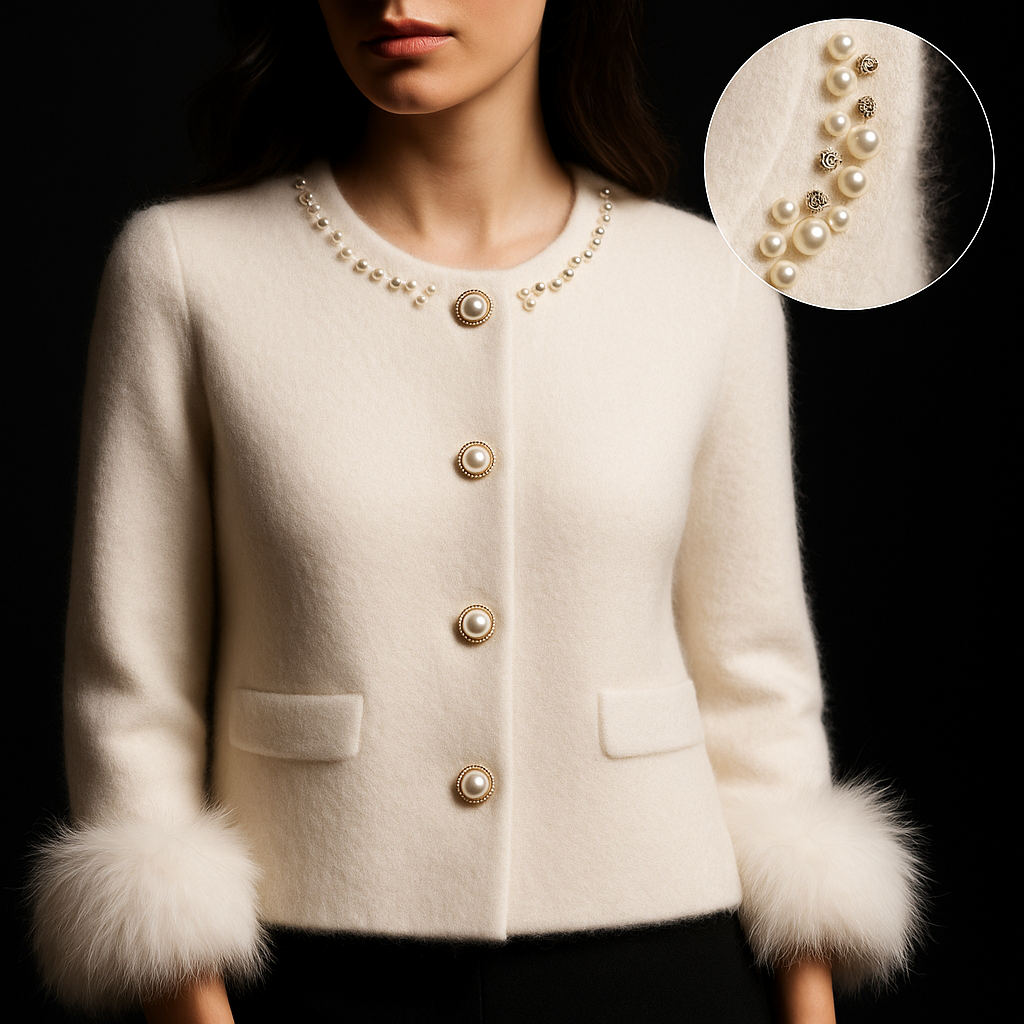 Women's button front cardigan with embellished round neckline, patch pockets and fluffy cuff trims