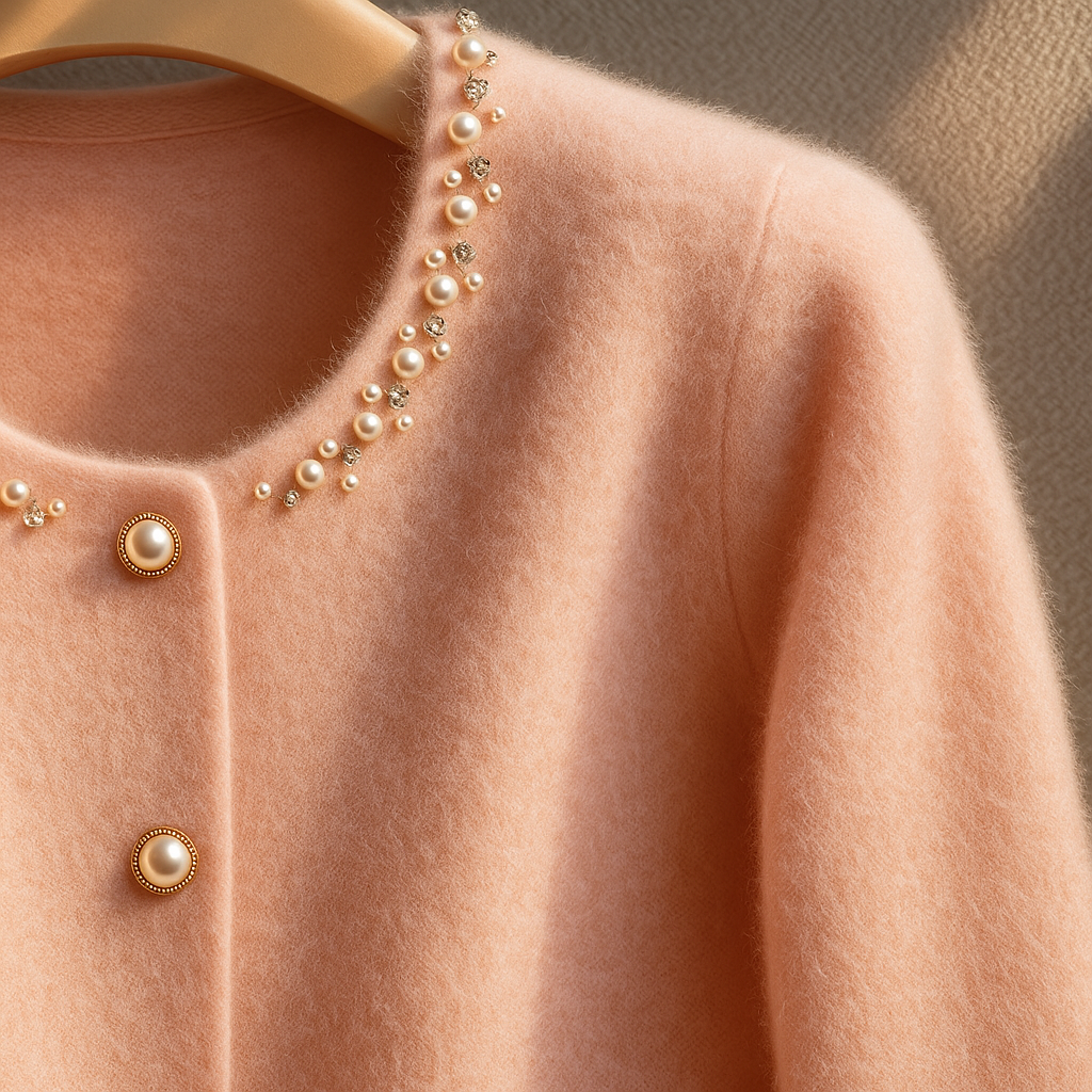 Women's button front cardigan with embellished round neckline, patch pockets and fluffy cuff trims