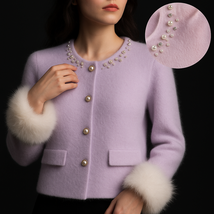 Women's button front cardigan with embellished round neckline, patch pockets and fluffy cuff trims