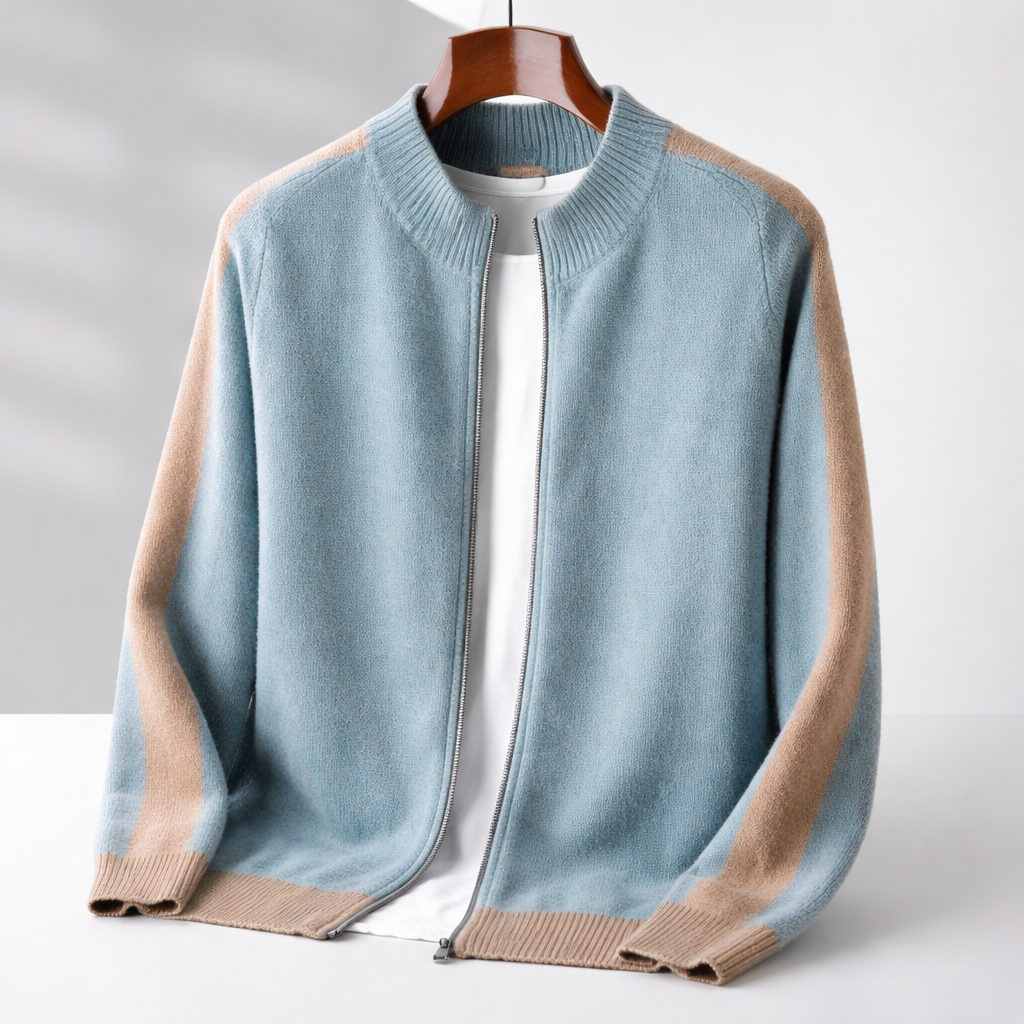 Men's knitted zip-up jacket with mock neck and contrasting ribbed trims