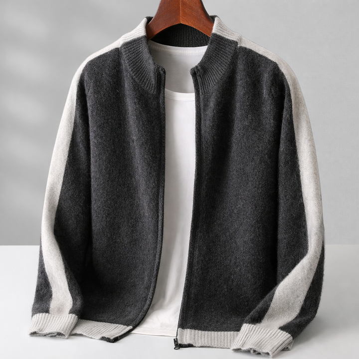 Men's knitted zip-up jacket with mock neck and contrasting ribbed trims