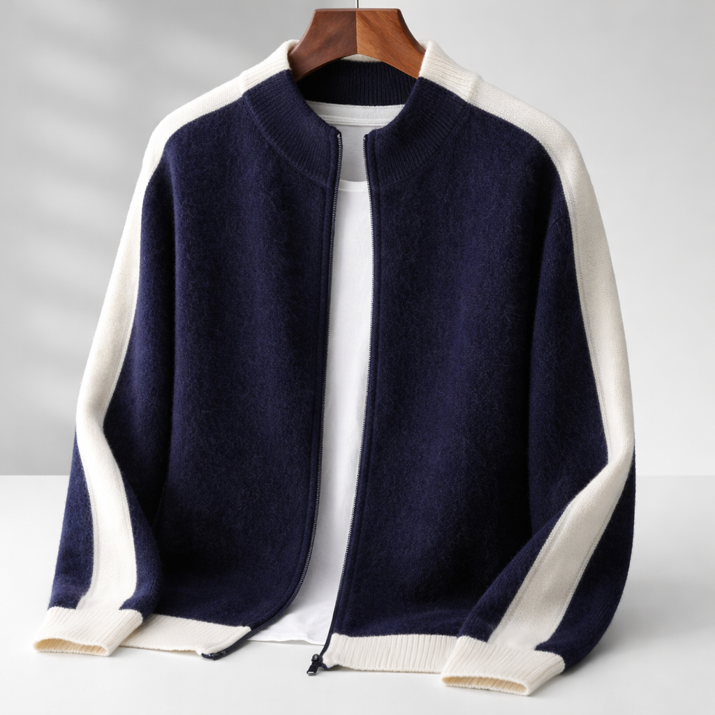 Men's knitted zip-up jacket with mock neck and contrasting ribbed trims