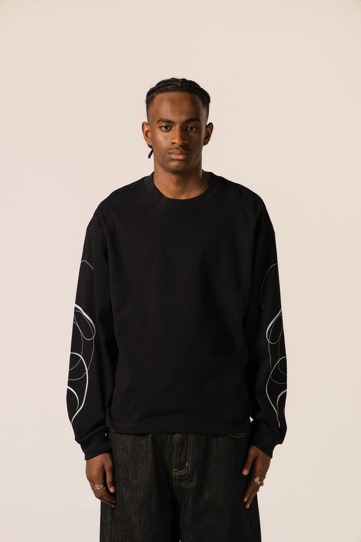 Men's black crew-neck sweatshirt with white graphic sleeve detailing