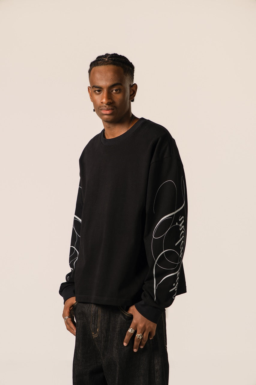 Men's black crew-neck sweatshirt with white graphic sleeve detailing