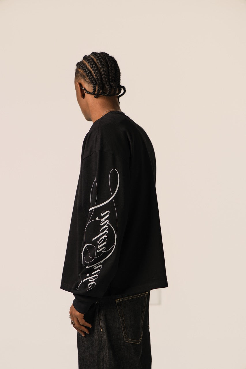 Men's black crew-neck sweatshirt with white graphic sleeve detailing