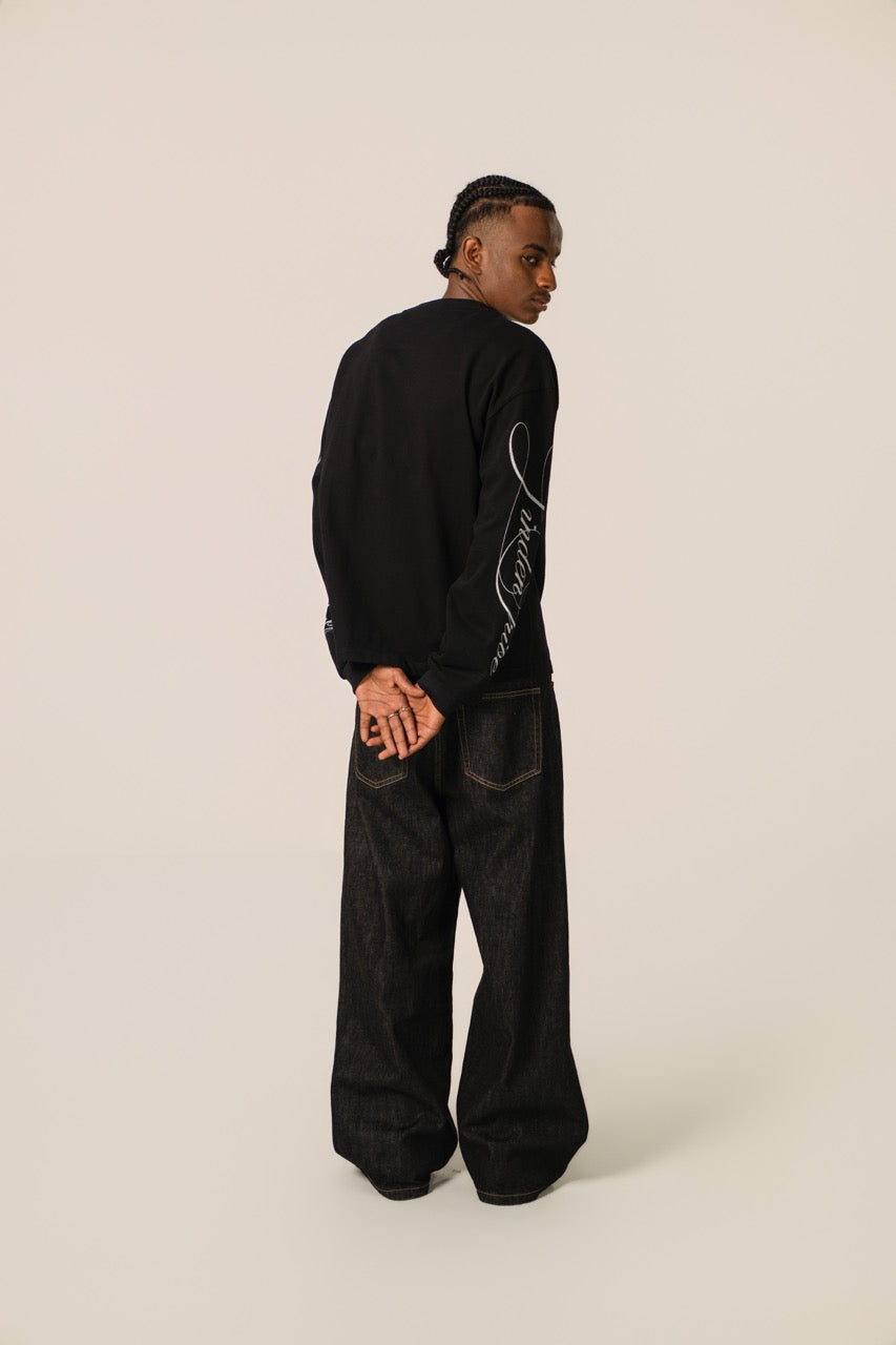 Men's black crew-neck sweatshirt with white graphic sleeve detailing