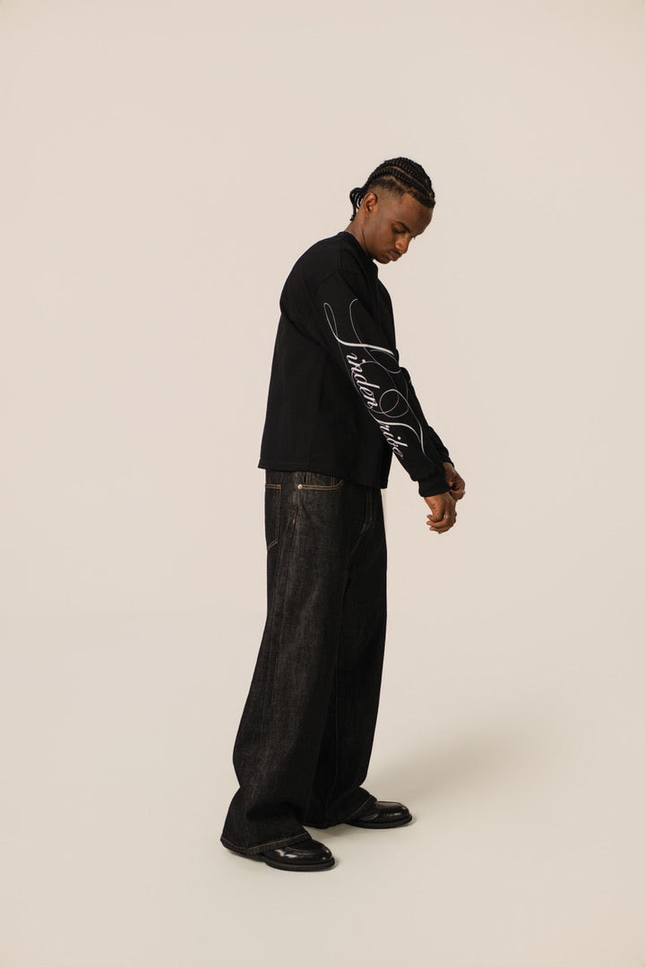 Men's black crew-neck sweatshirt with white graphic sleeve detailing