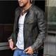 Men's leather jacket with stand collar and zip pockets