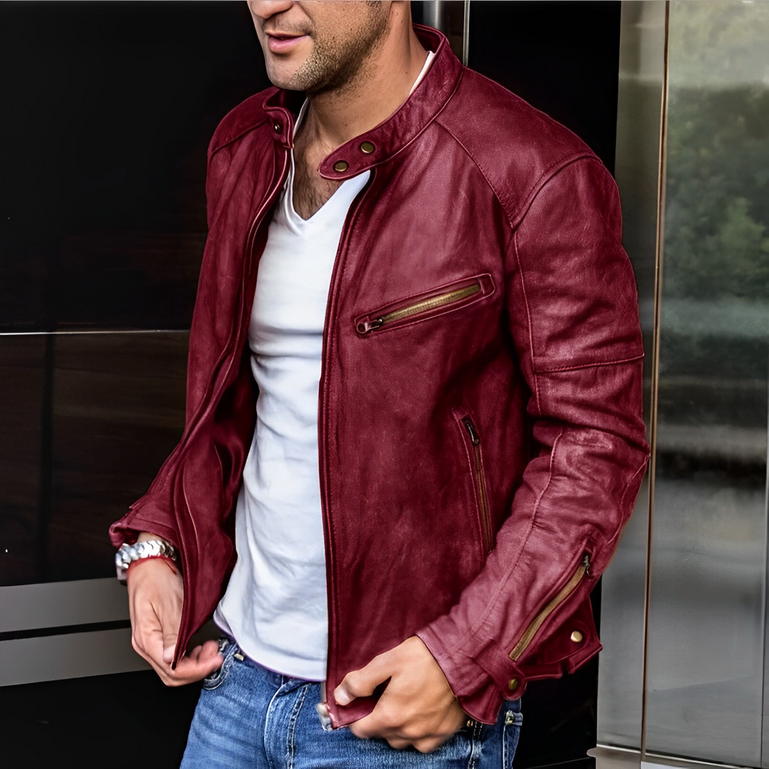 Men's leather jacket with stand collar and zip pockets
