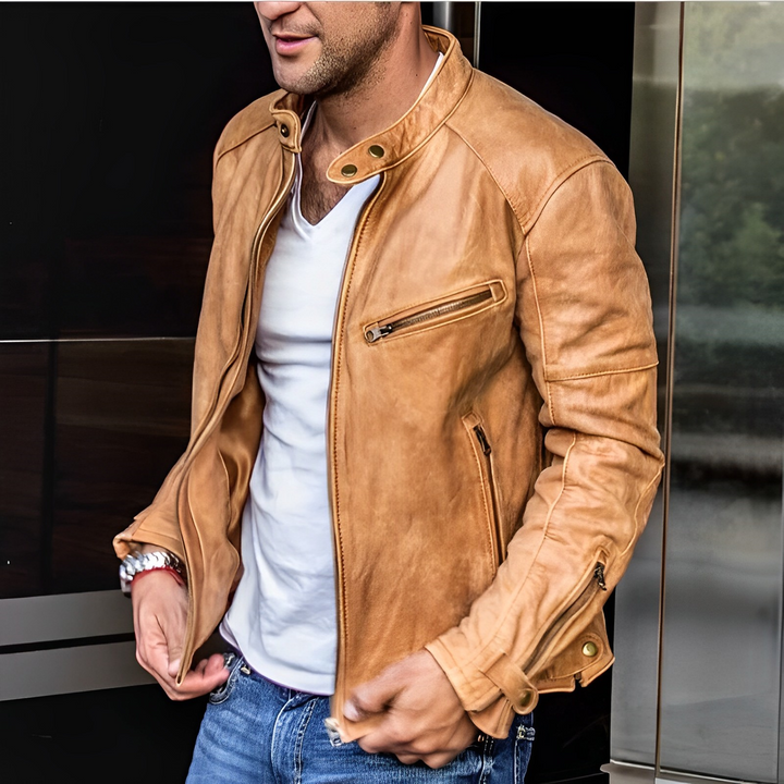 Men's leather jacket with stand collar and zip pockets