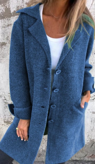 Women's long button-front coat with notched lapels and patch pockets
