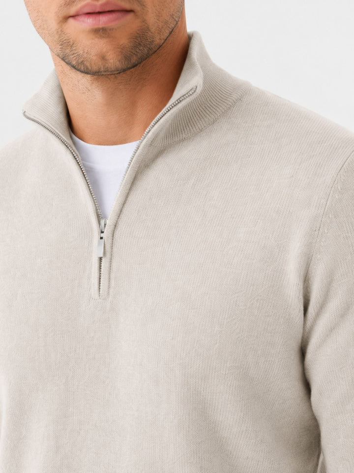 Men's beige crew neck sweater with half-zip and ribbed cuffs