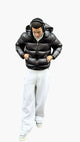Men's hooded quilted puffer jacket with long sleeves and front zip