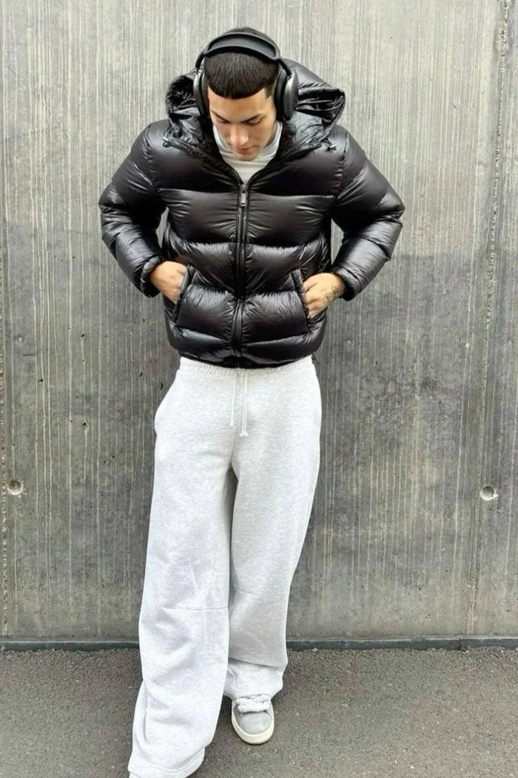 Men's hooded quilted puffer jacket with zip front and pockets