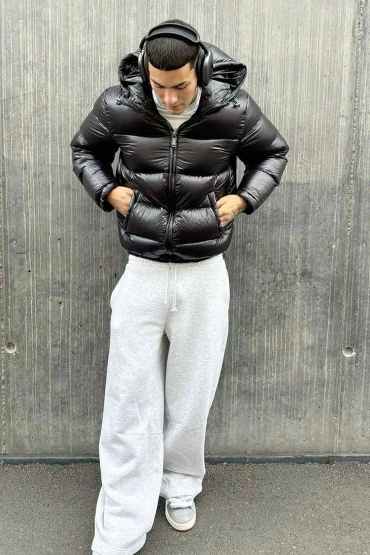 Men's hooded quilted puffer jacket with zip front and pockets