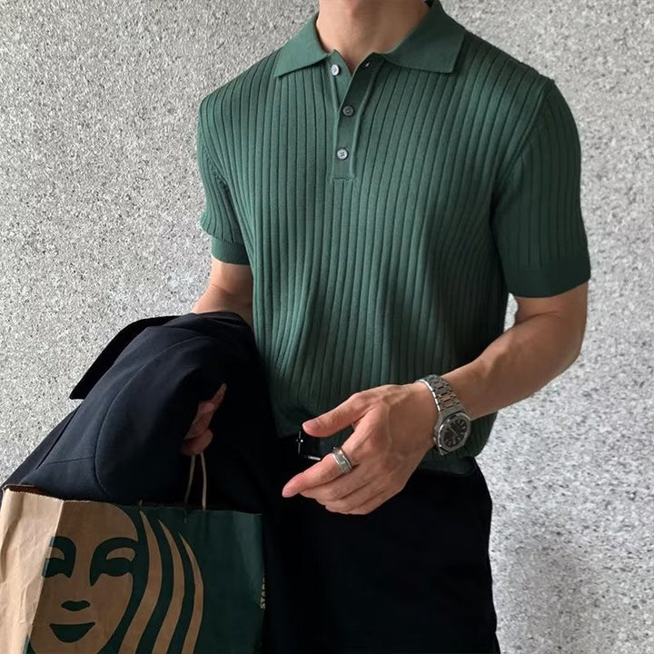 Men's ribbed polo shirt with short sleeves and button placket