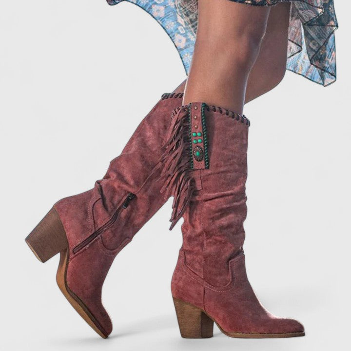 Women's suede mid-calf boots with block heel and fringe trim detail