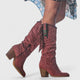 Women's suede mid-calf boots with block heel and fringe trim detail