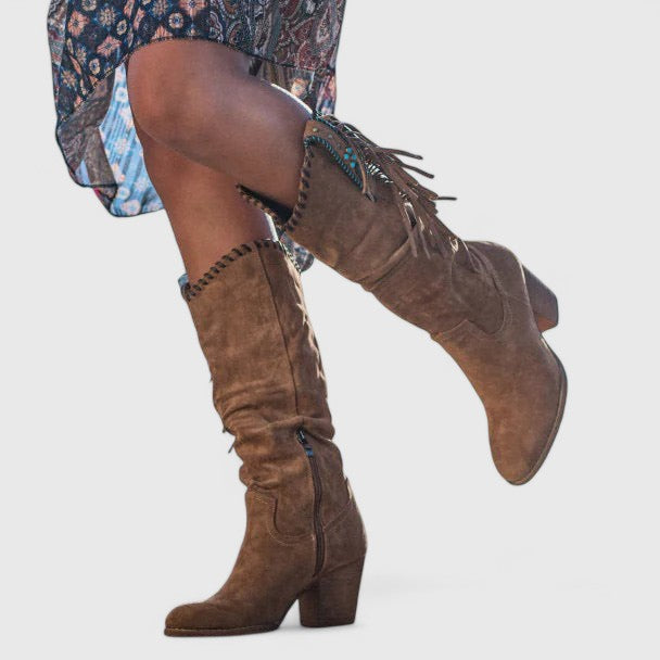 Women's suede mid-calf boots with block heel and fringe trim detail