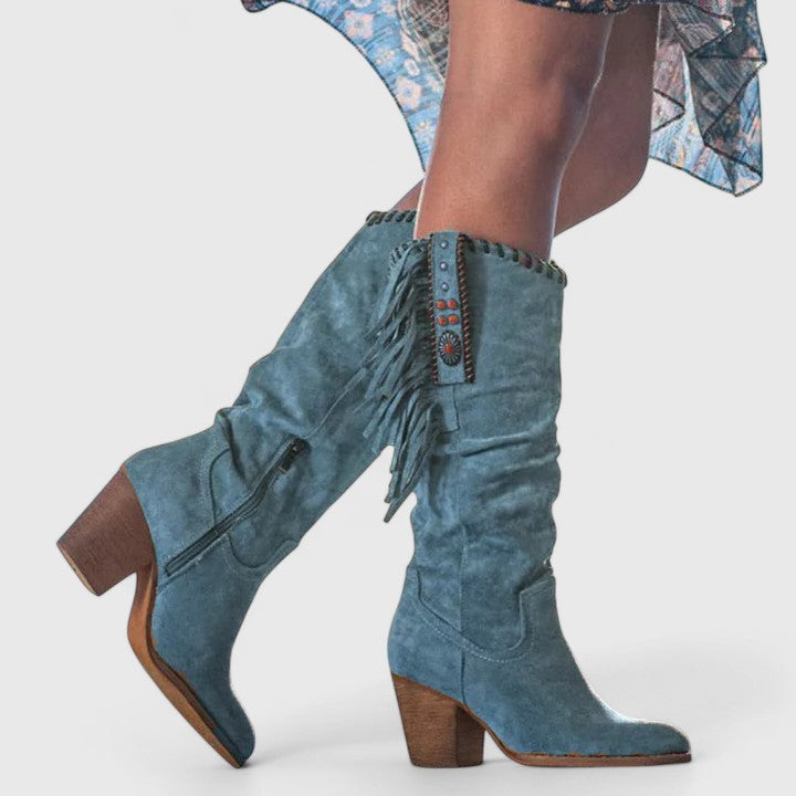 Women's suede mid-calf boots with block heel and fringe trim detail