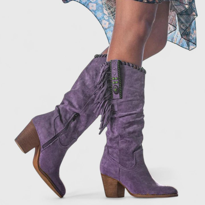 Women's suede mid-calf boots with block heel and fringe trim detail