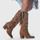 Women's suede mid-calf boots with block heel and fringe trim detail