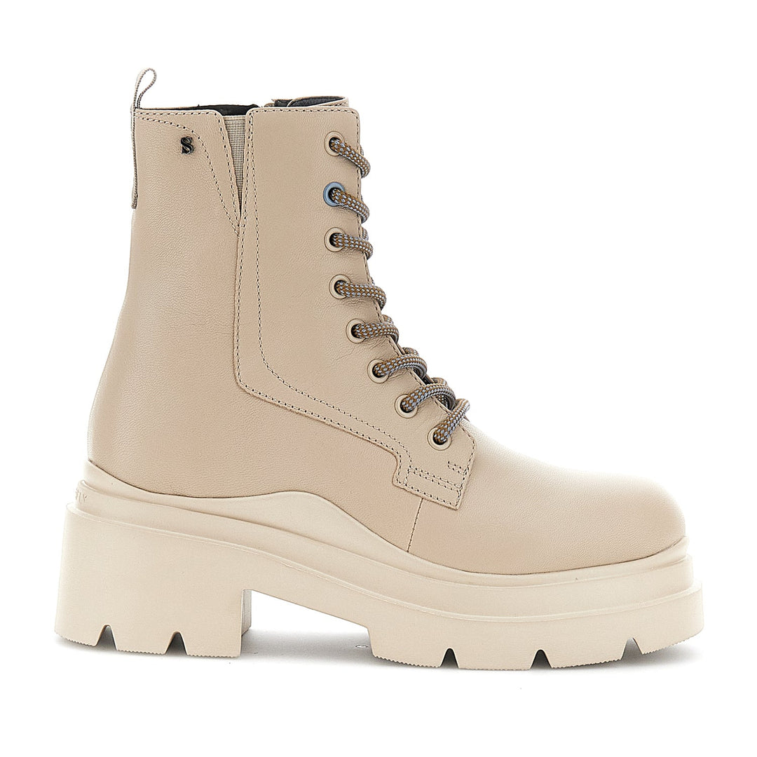 Women's beige mid-calf lace-up platform boots with round toes and chunky soles