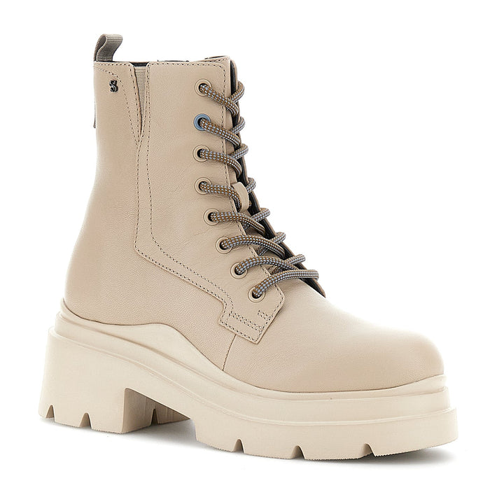 Women's beige mid-calf lace-up platform boots with round toes and chunky soles