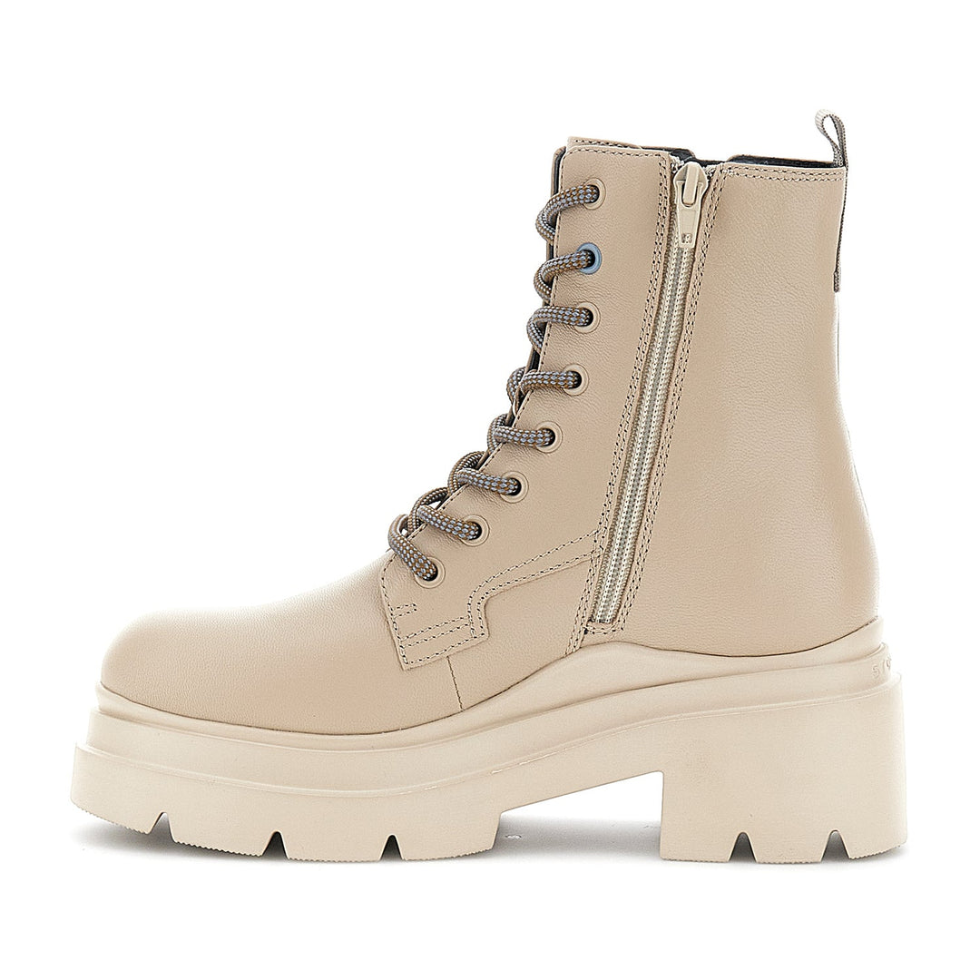 Women's beige mid-calf lace-up platform boots with round toes and chunky soles