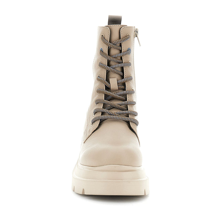 Women's beige mid-calf lace-up platform boots with round toes and chunky soles
